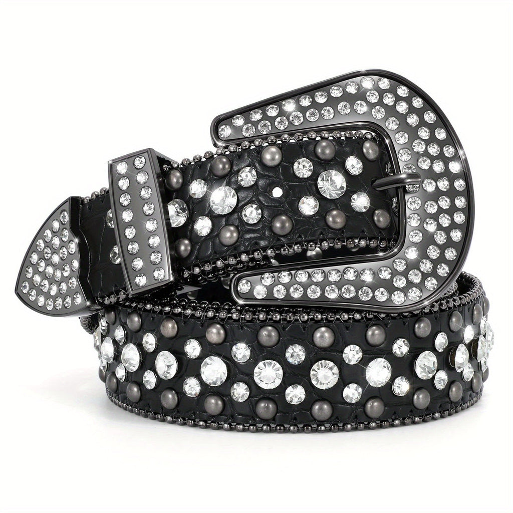 Men's Belt – Rhinestone Belt Western Cowboy Belt Faux Crocodile Leather Strap Rivet Detail Alloy Buckle Fits