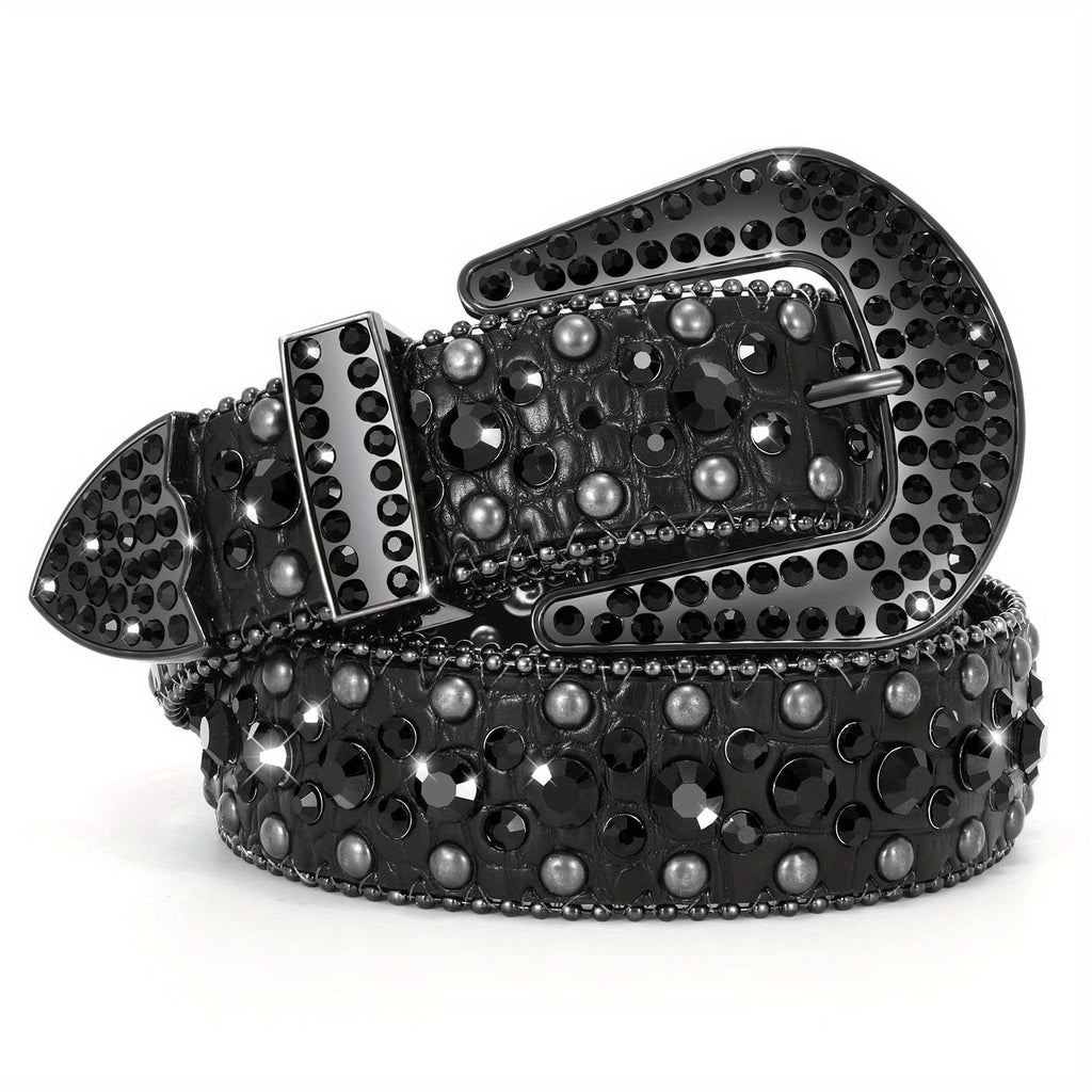 Men's Belt - Rhinestone for Western Cowboy Faux Crocodile Leather Strap Rivet Detail - product detail view 31