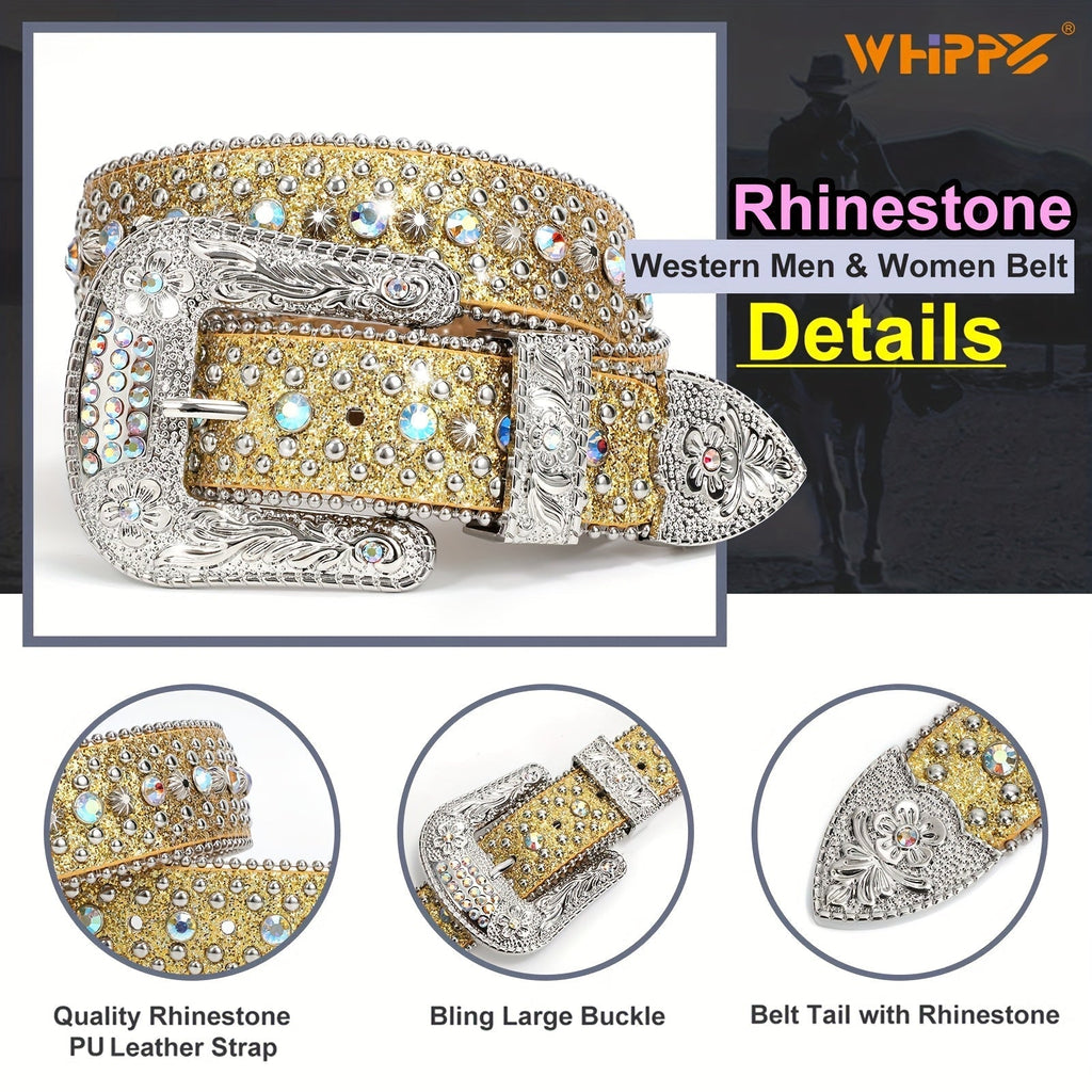Men's Belt - Rhinestone for Western Cowboy Faux Crocodile Leather Strap Rivet Detail - product detail view 32