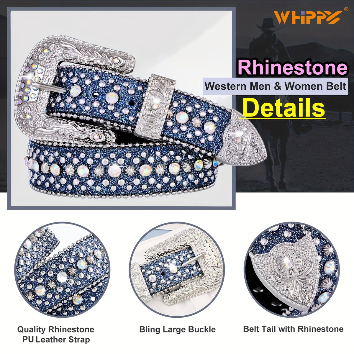 Men's Belt - Rhinestone for Western Cowboy Faux Crocodile Leather Strap Rivet Detail - product detail view 39