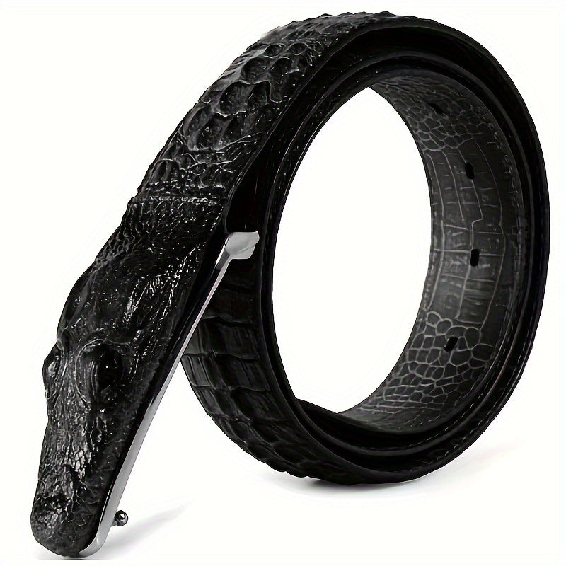 Crocodile-Embossed Belt with Two-Layer Cowhide-Labeled Strap, 3.5cm Width and Four Color Options