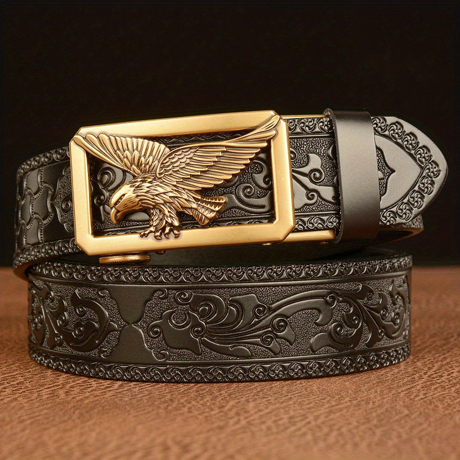 Belt Men’s Genuine Leather Western Eagle Buckle, 43.31-51.18 Inch Lengths in Black or Brown