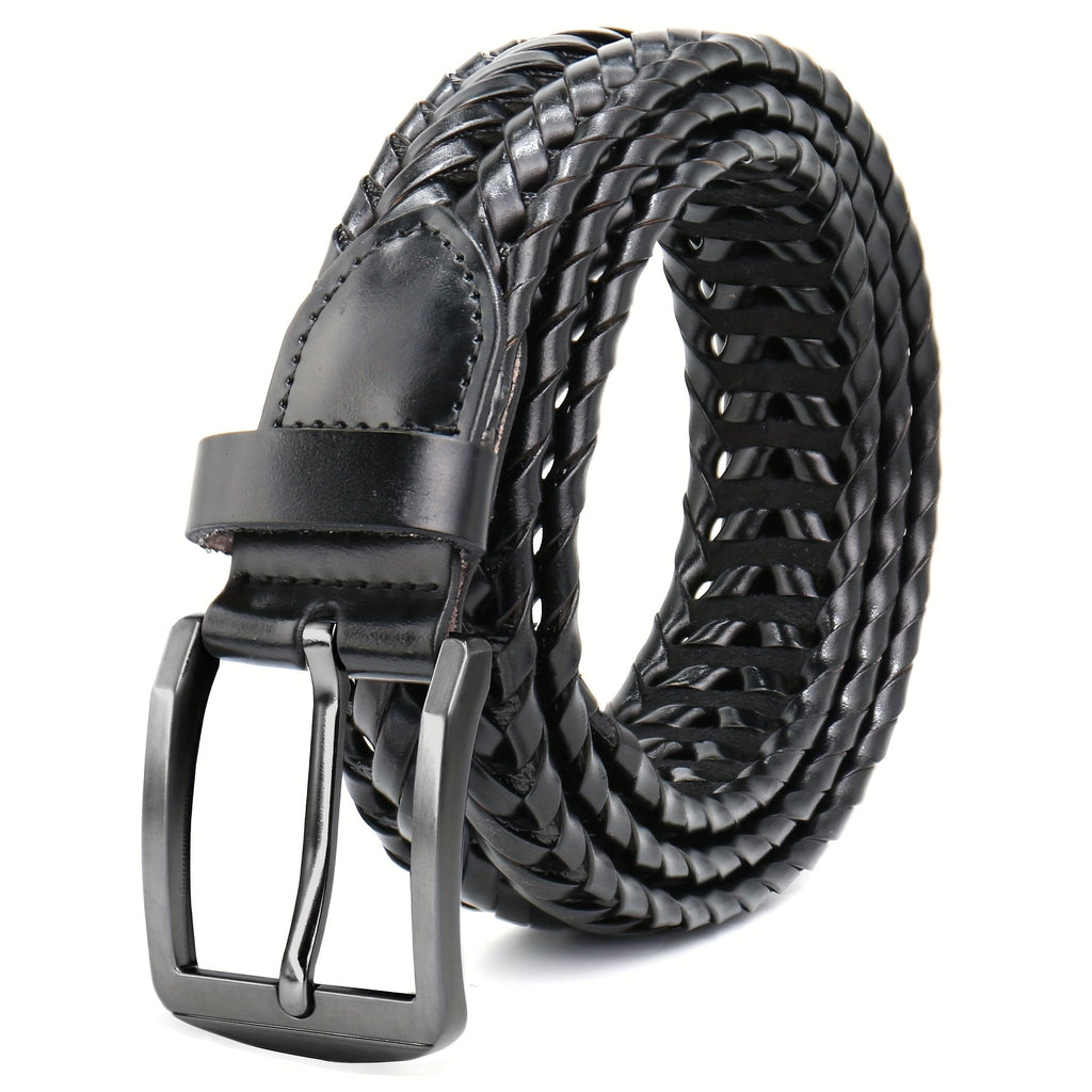 Braided Belt with Faux-Leather-Labeled Open-Weave Strap, Pin Buckle, Five Colors and 34–50-Inch Lengths