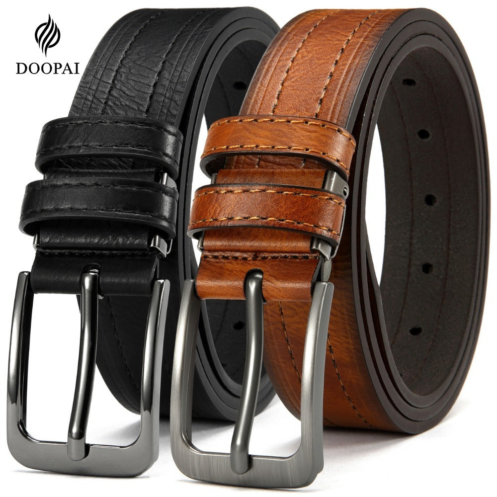 Men's Belt DOOPAI Genuine Cowhide Leather 2-Pack with Prong Buckles and 30 to 52-Inch Waist Ranges