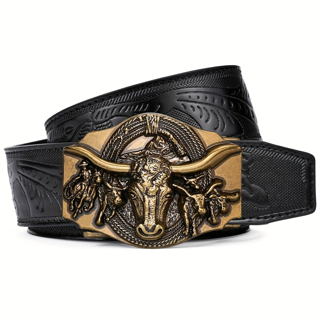 Belt Men’s Western Faux Leather Automatic Ratchet with Bull Buckle, Three Colors and 28-46 Inch Waist Fit
