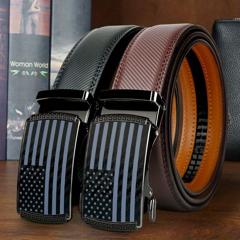Two-Pack Ratchet Belt Set with Flag-Motif Buckles, Black and Brown Split-Leather-Labeled Straps and Five Lengths