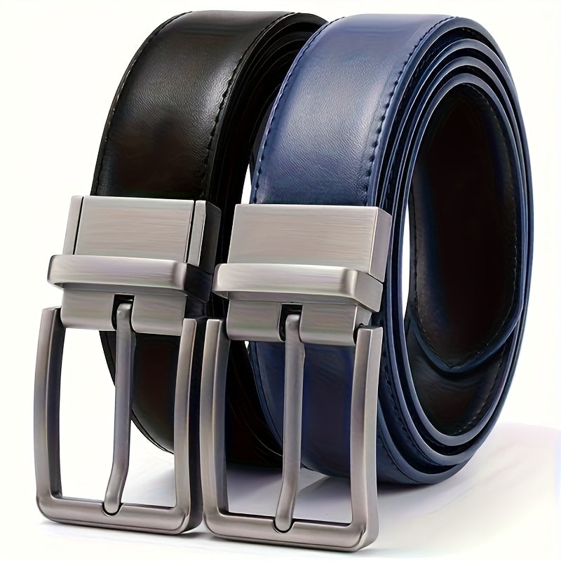 Men's Belt - 's Reversible Genuine Leather Two-Tone Flip Buckle Two in One, Black Blue - product detail view 19