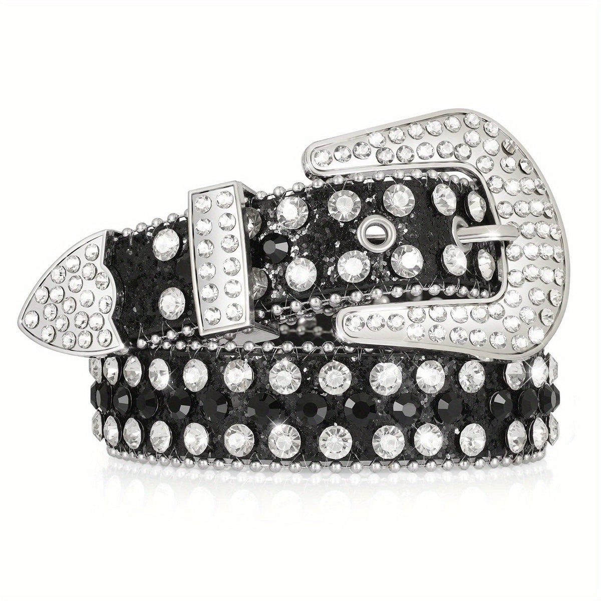 Women's Belt – Rhinestone Belt Polka Dot PU Leather Shiny Alloy Buckle – Glam Street Style Waist Strap, Black