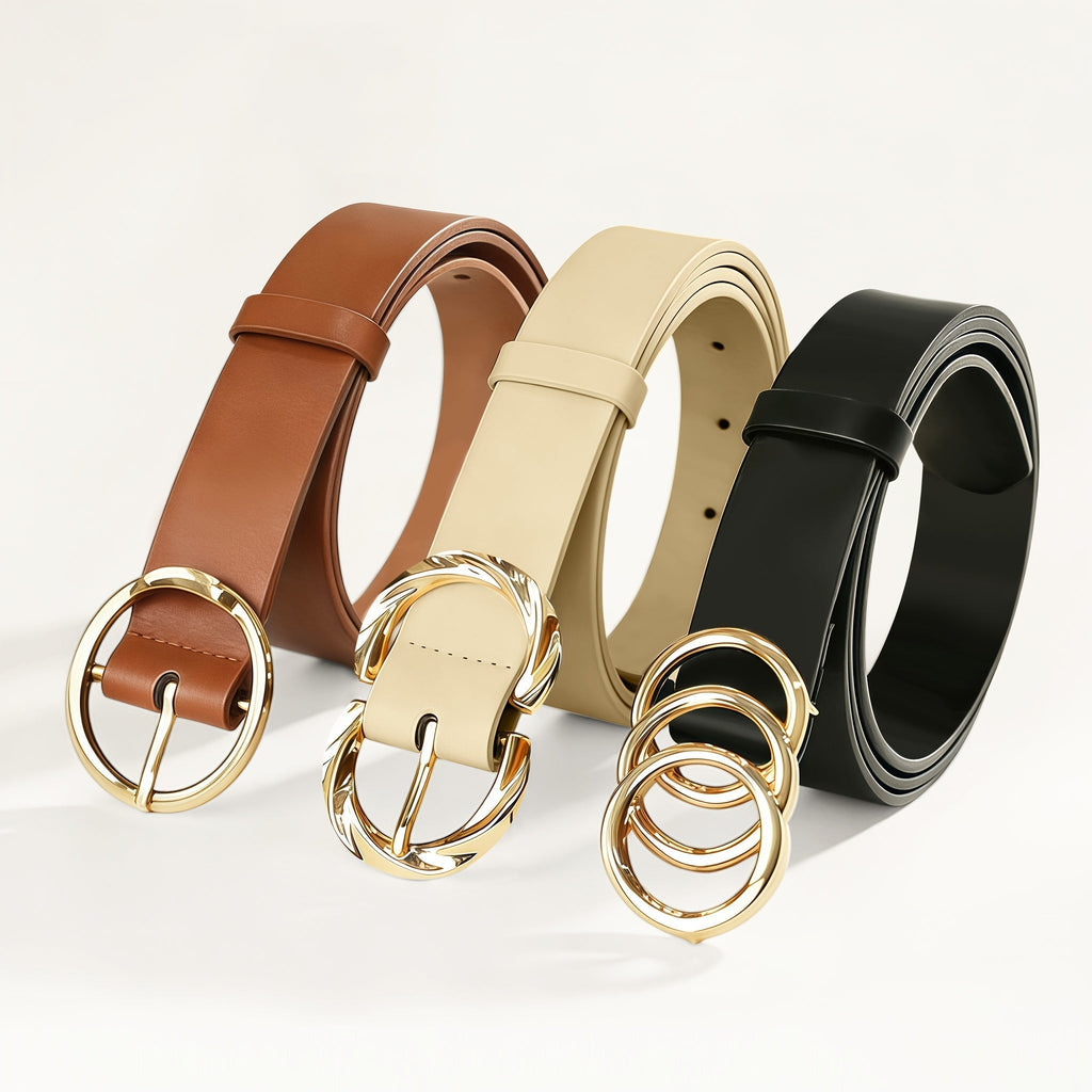 Belt Women’s 3-Piece Solid-Color Set with 1-, 2- and 3-Ring Gold Buckles, Adjustable One Size