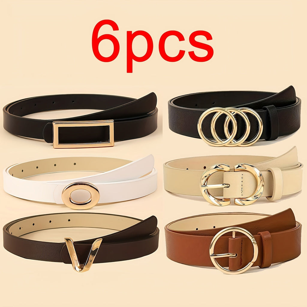 Belt Women’s 6-Piece PU Faux Leather Set with Ring Buckle Styles in Black, Beige and Brown