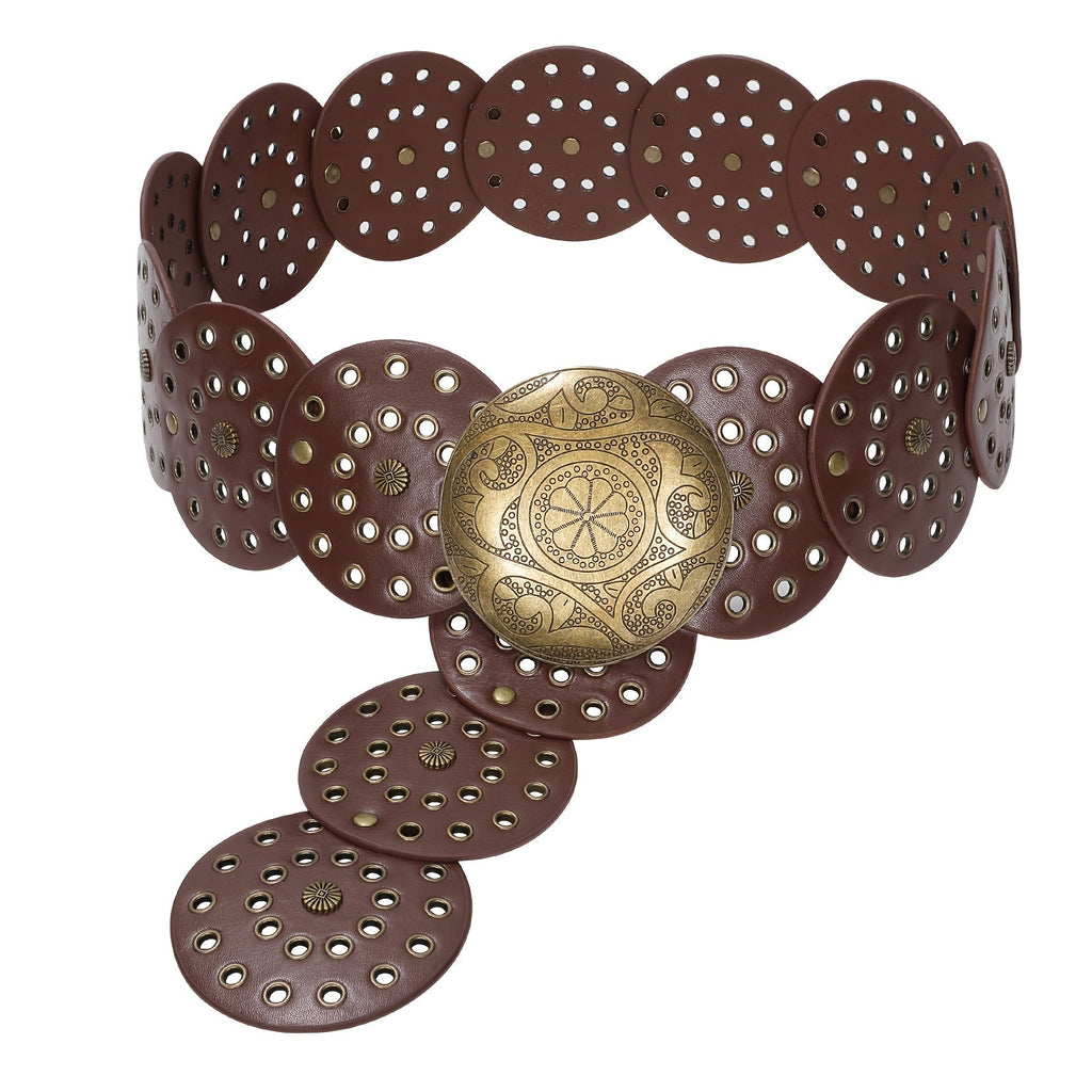 Belt Women’s Wide Western Faux Leather Concho Disc Style with Seven Colors and 32-53 Inch Waist Fits