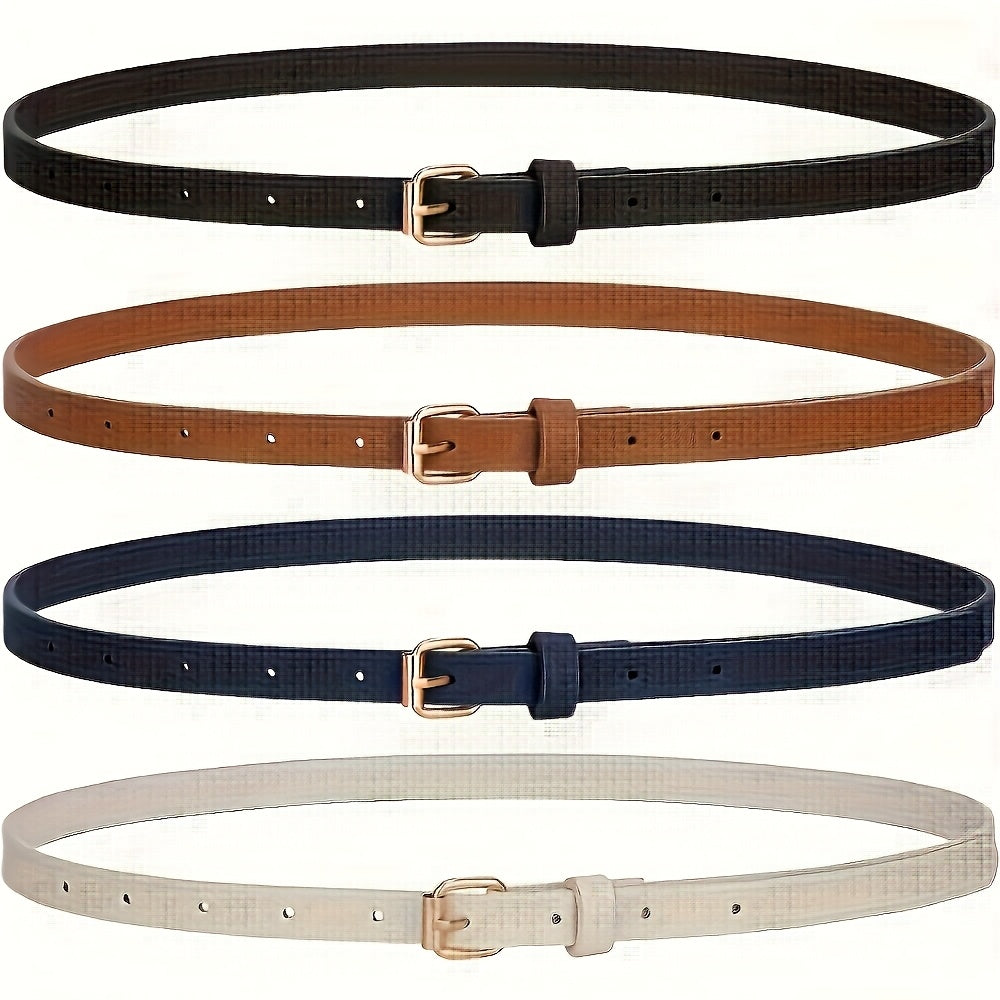 Belt Women’s 4-Piece Skinny PU Faux Leather Set with Gold Buckles and Adjustable One-Size Fit