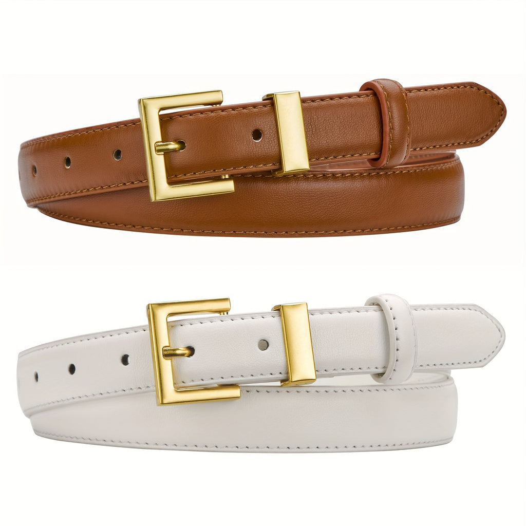 Women's Belt – Square Buckle Belt Set 2pcs | Gold Square Buckle Waist Belt for Jeans Dresses Fashion | Brown