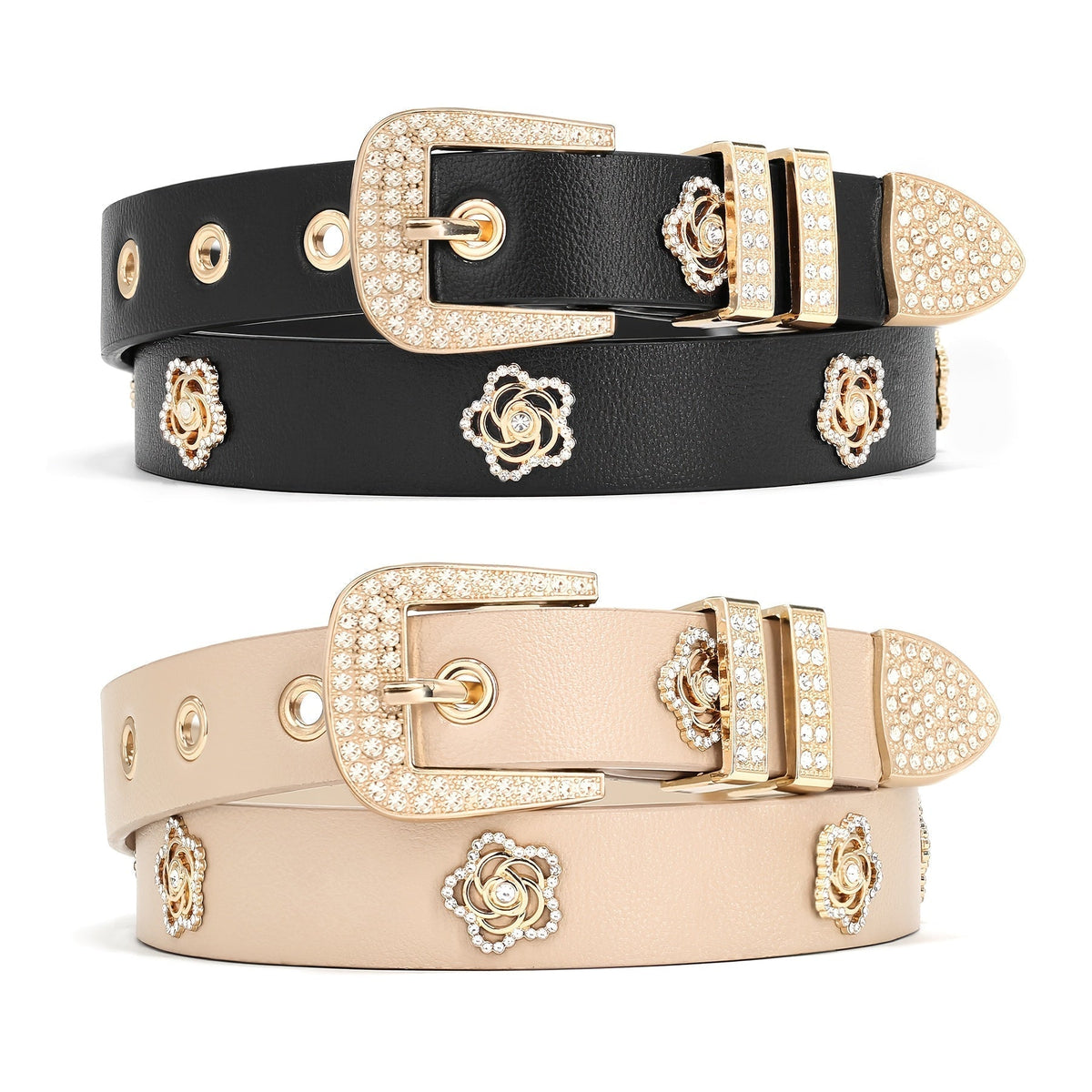 Two-Piece Studded Floral Women's Belt Set with Rhinestone-Look Buckles, Four Color Pairs and Five Sizes