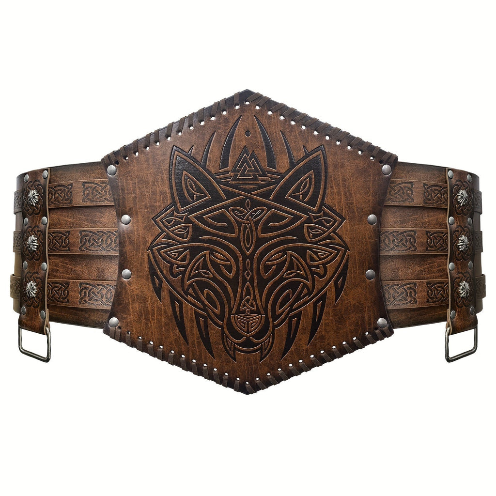 Men's Belt - Viking for Wide PU Leather, Scandinavian Dragon & Wolf Alloy Buckle - product detail view 14