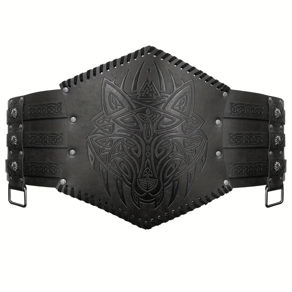 Men's Belt - Viking for Wide PU Leather, Scandinavian Dragon & Wolf Alloy Buckle - product detail view 16