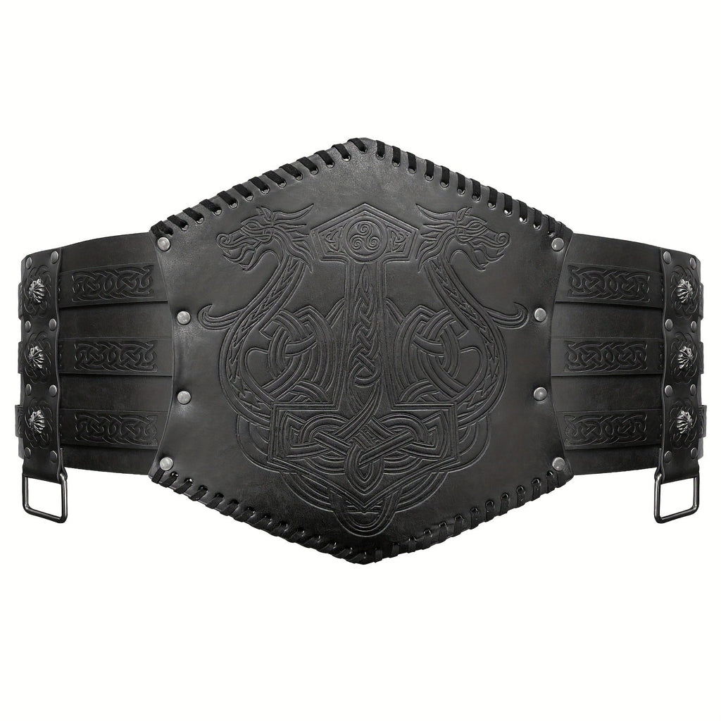 Men's Belt - Viking for Wide PU Leather, Scandinavian Dragon & Wolf Alloy Buckle - product detail view 17