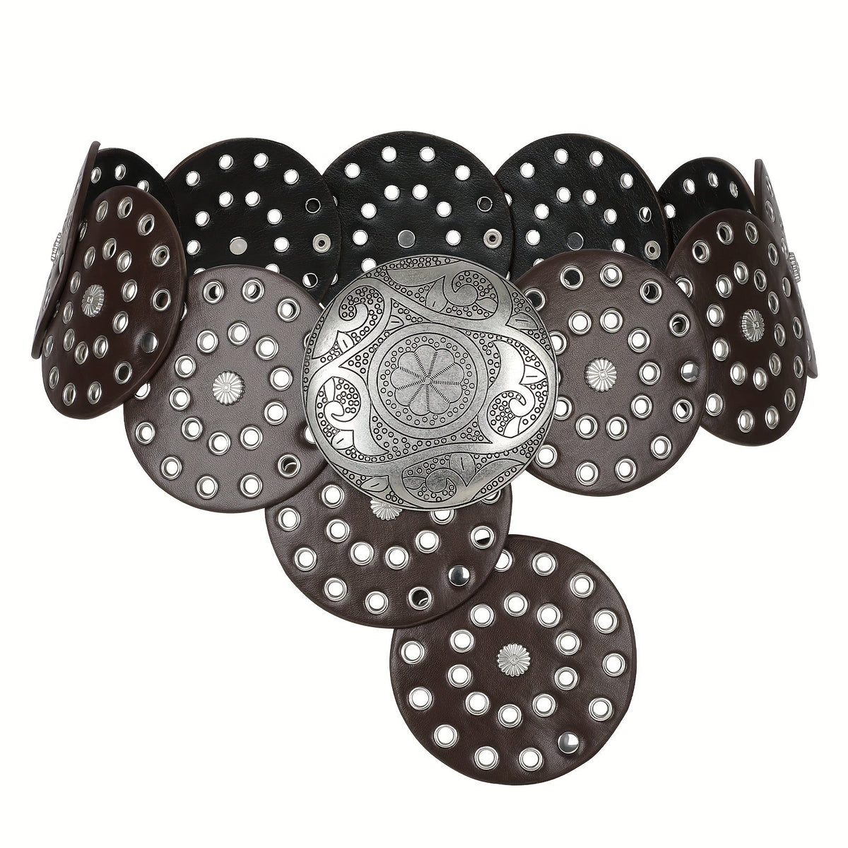 Belt Women’s Western Boho Concho Disc Waistband in Coffee Brown with Two M and L Size Options