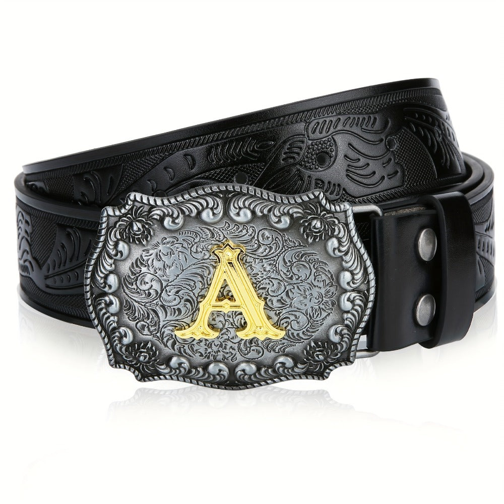 Men's Belt - Western for Embossed Floral Cowboy Longhorn Bull Pattern Big Letter Buckle - product detail view 3