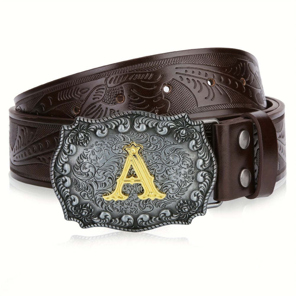 Men's Belt - Western for Embossed Floral Cowboy Longhorn Bull Pattern Big Letter Buckle - product detail view 5