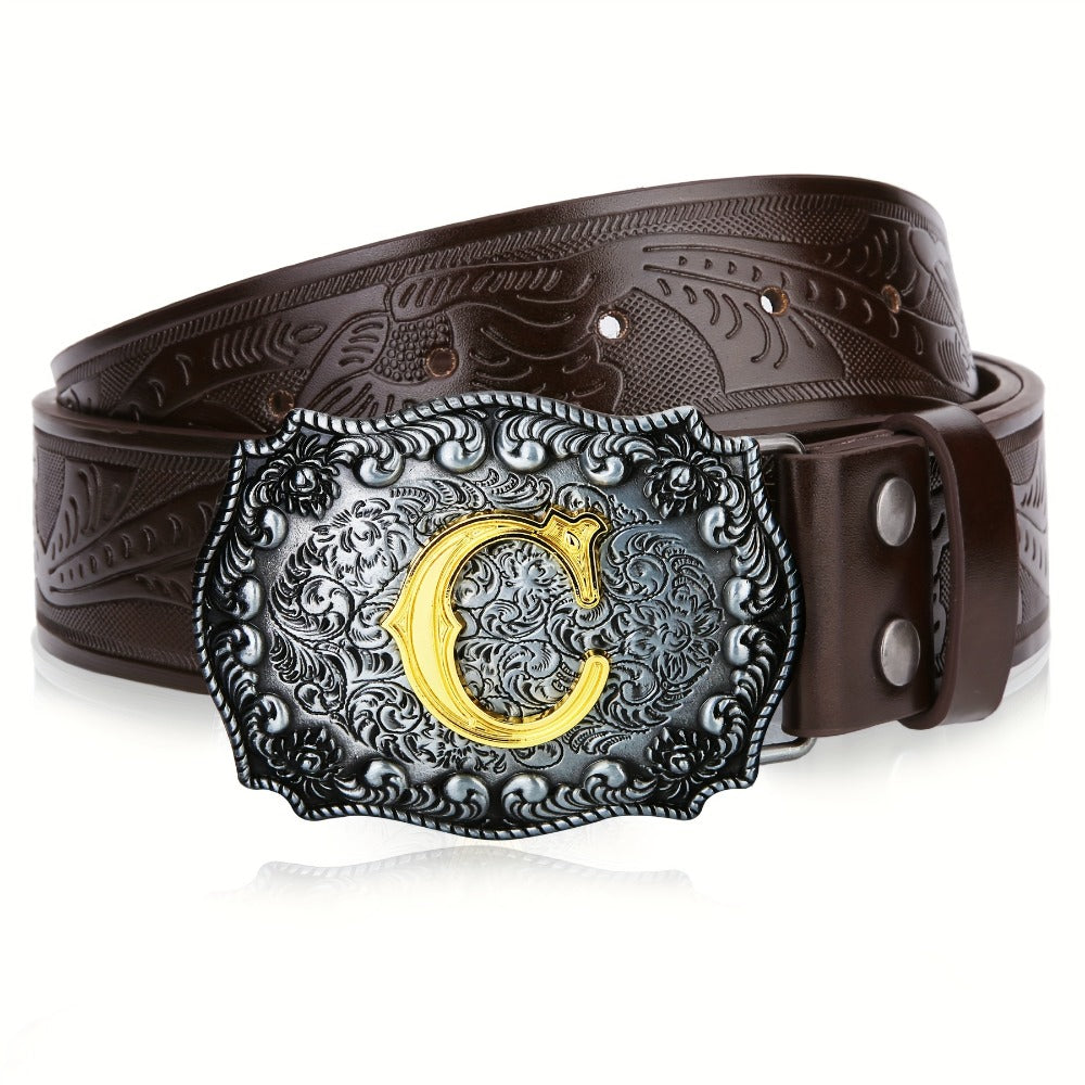 Men's Belt - Western for Embossed Floral Cowboy Longhorn Bull Pattern Big Letter Buckle - product detail view 13