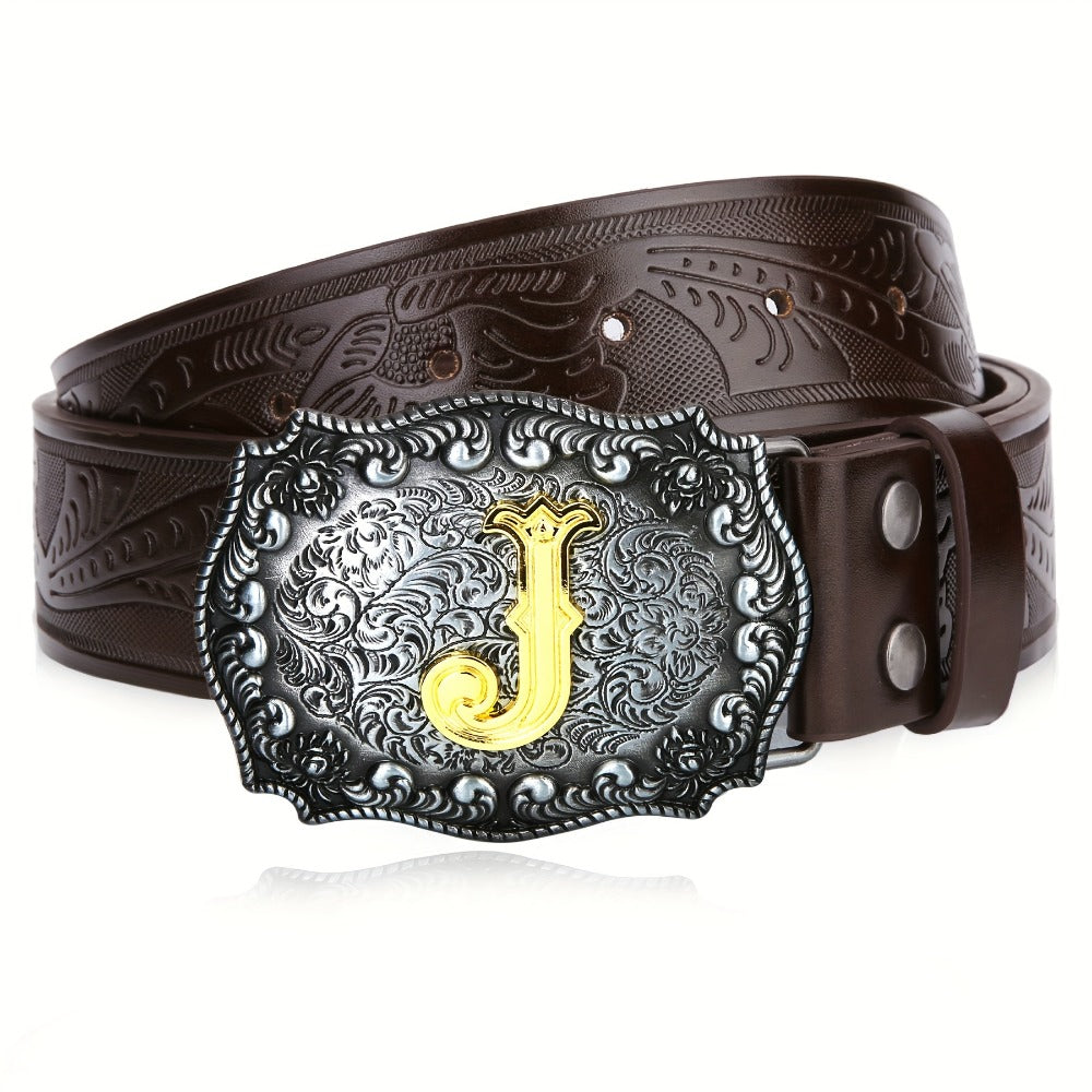 Men's Belt - Western for Embossed Floral Cowboy Longhorn Bull Pattern Big Letter Buckle - product detail view 18