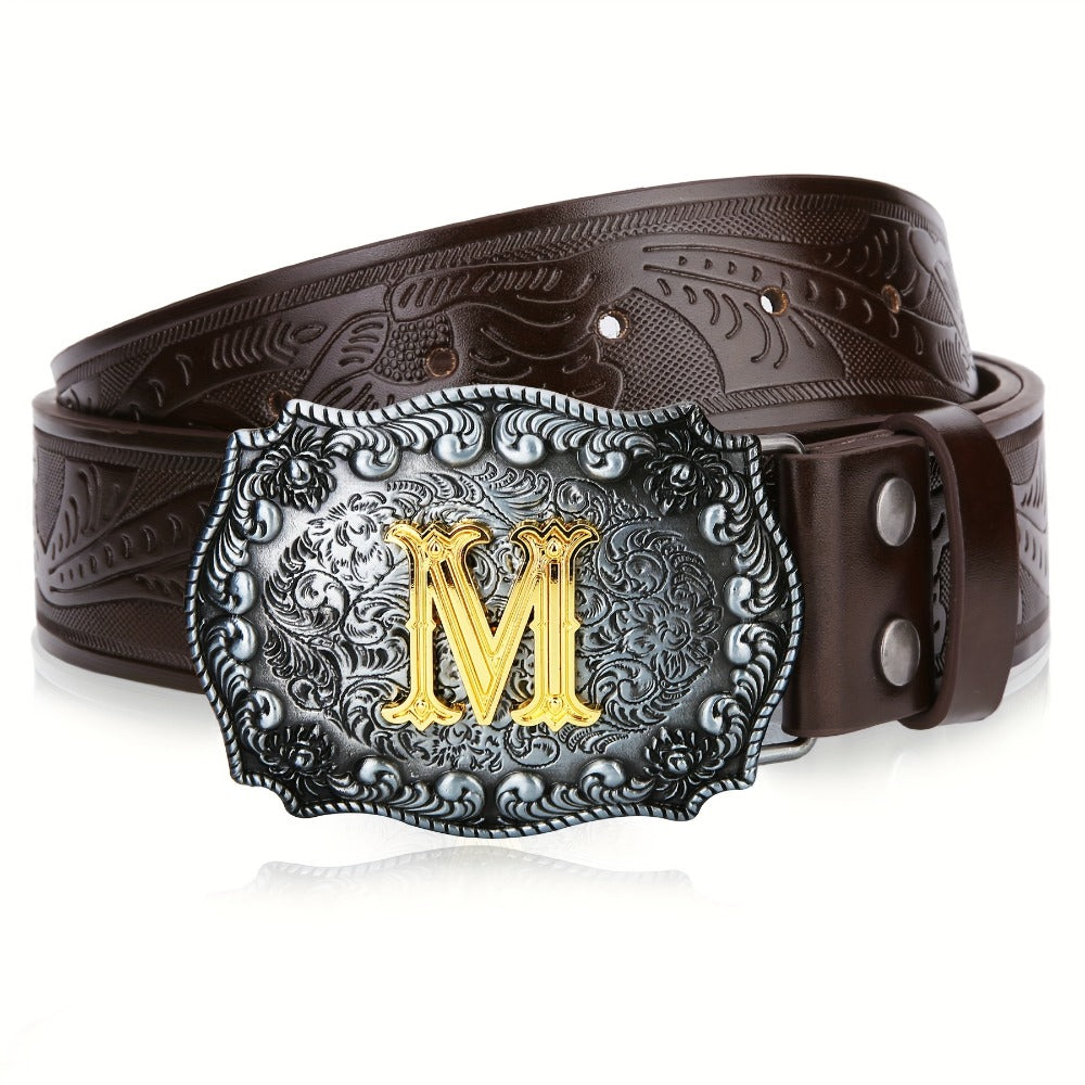 Men's Belt - Western for Embossed Floral Cowboy Longhorn Bull Pattern Big Letter Buckle - product detail view 19