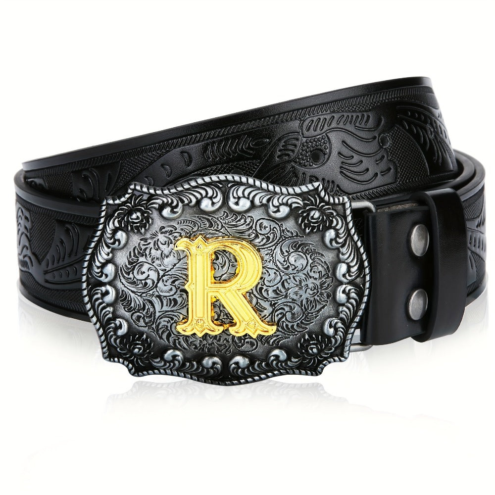 Men's Belt - Western for Embossed Floral Cowboy Longhorn Bull Pattern Big Letter Buckle - product detail view 20