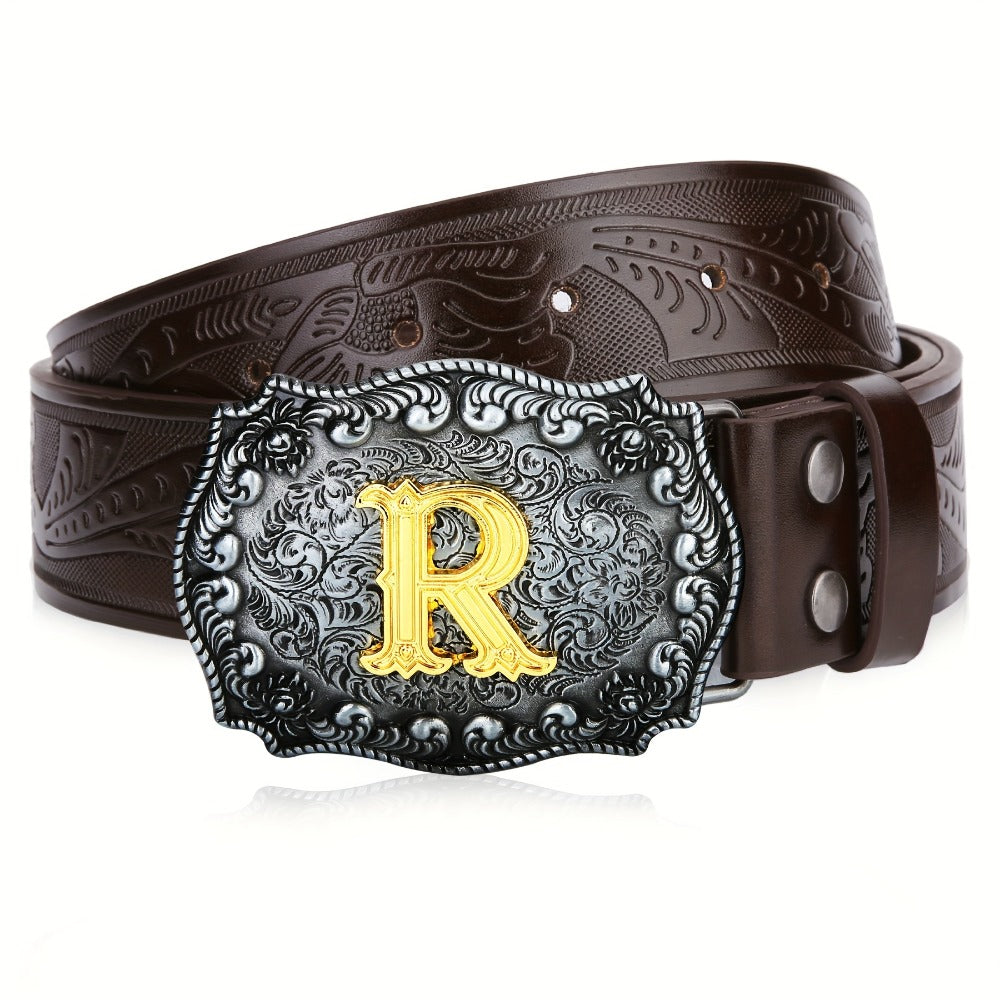 Men's Belt - Western for Embossed Floral Cowboy Longhorn Bull Pattern Big Letter Buckle - product detail view 21