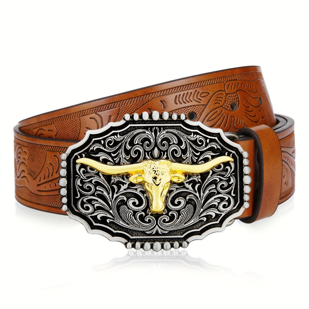 Men's Belt - Western for Embossed Floral Cowboy Longhorn Bull Pattern Big Letter Buckle - product detail view 23