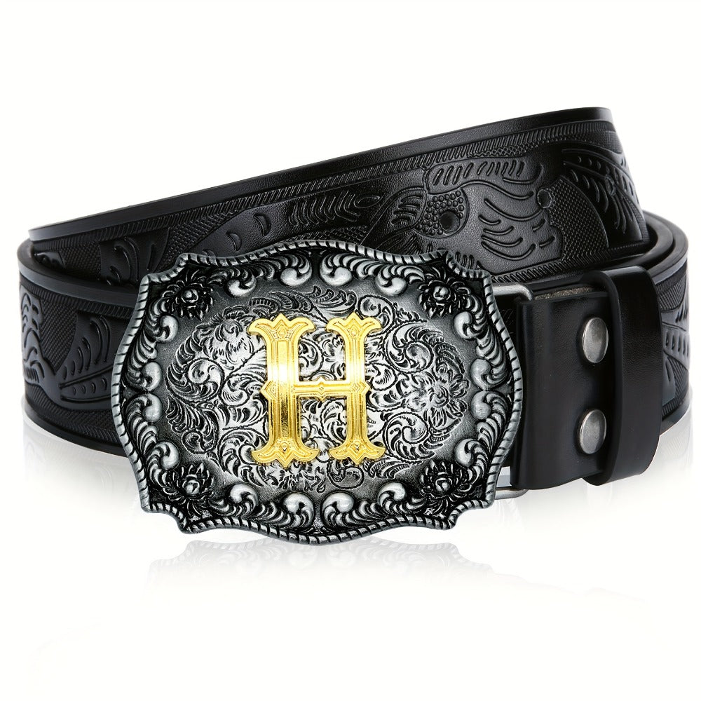 Men's Belt - Western for Embossed Floral Cowboy Longhorn Bull Pattern Big Letter Buckle - product detail view 25