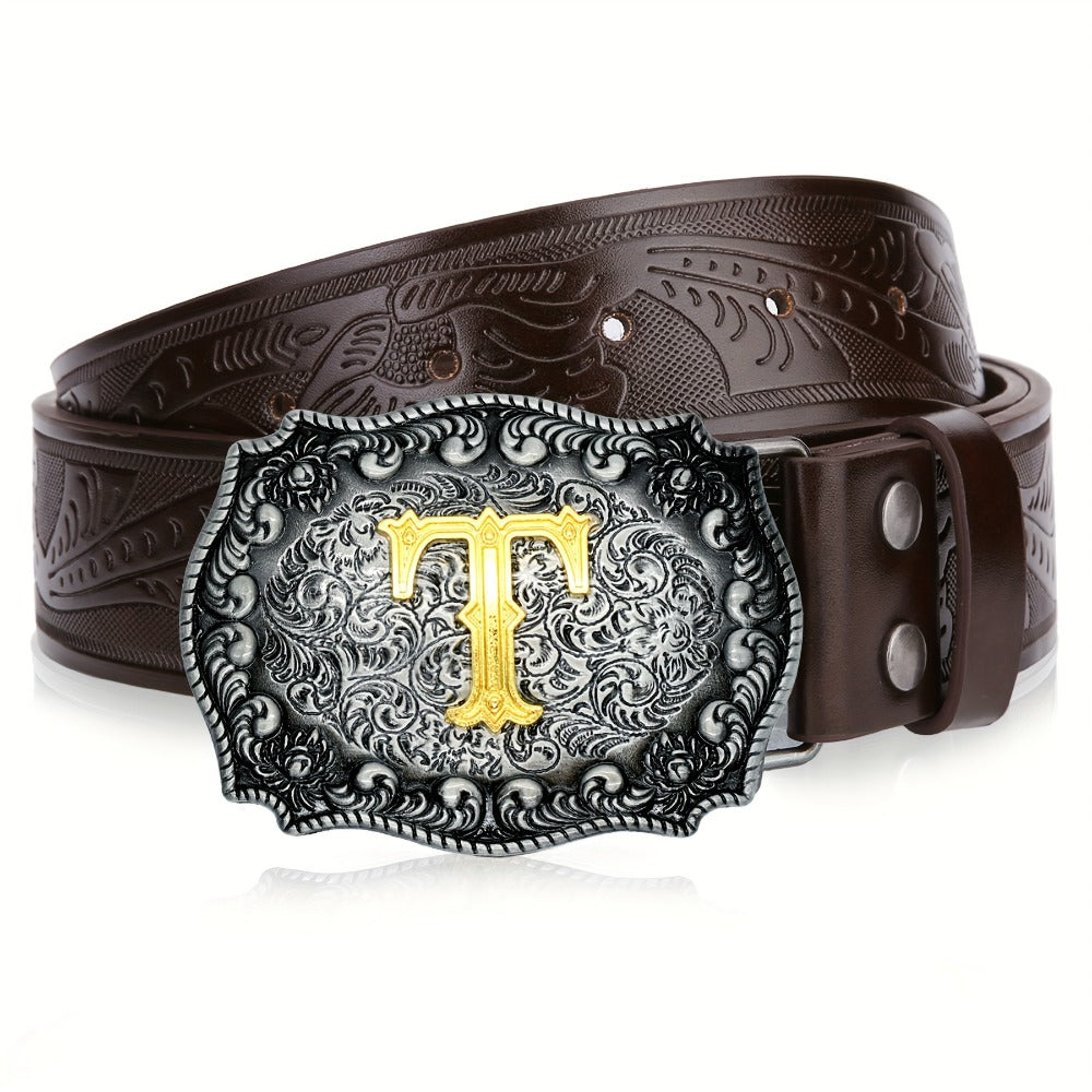 Men's Belt - Western for Embossed Floral Cowboy Longhorn Bull Pattern Big Letter Buckle - product detail view 26