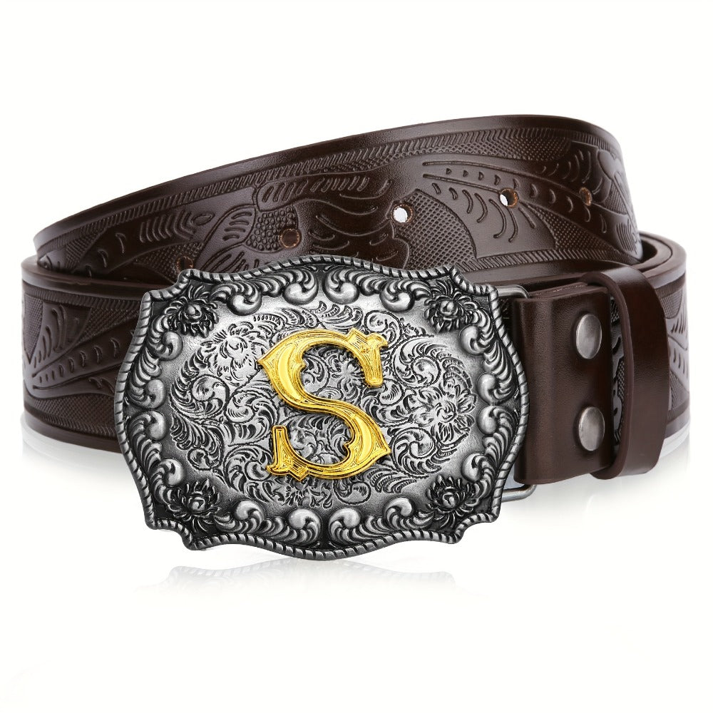 Men's Belt - Western for Embossed Floral Cowboy Longhorn Bull Pattern Big Letter Buckle - product detail view 29