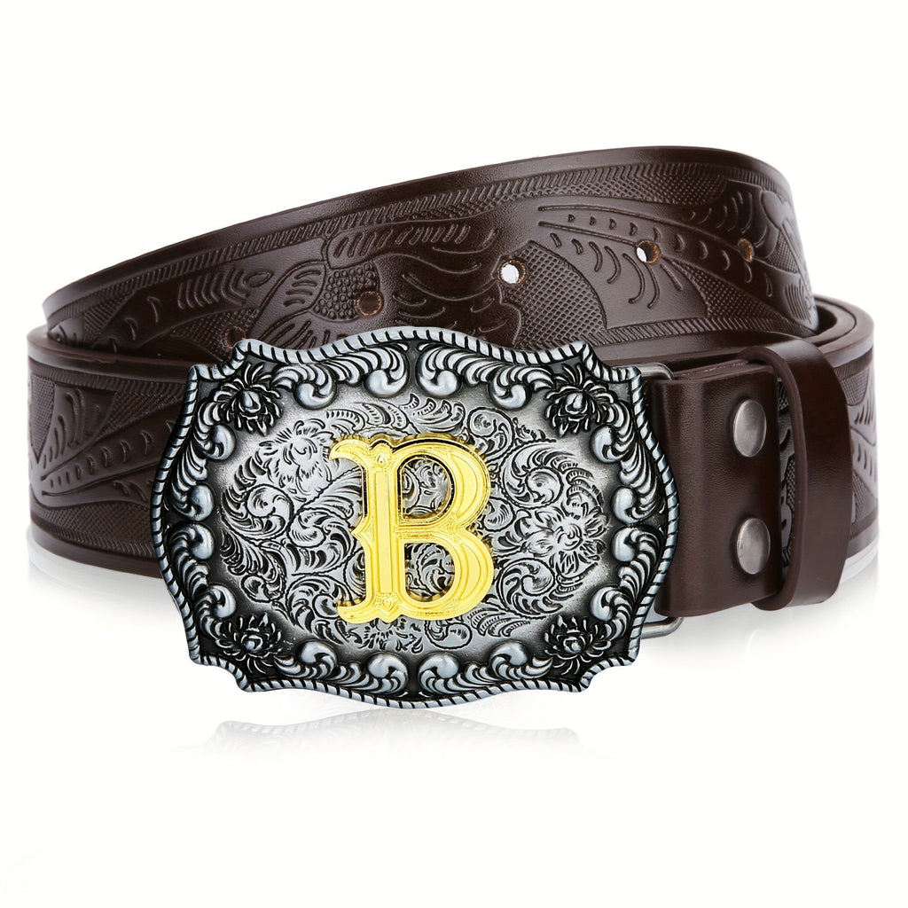 Men's Belt - Western for Embossed Floral Cowboy Longhorn Bull Pattern Big Letter Buckle - product detail view 32