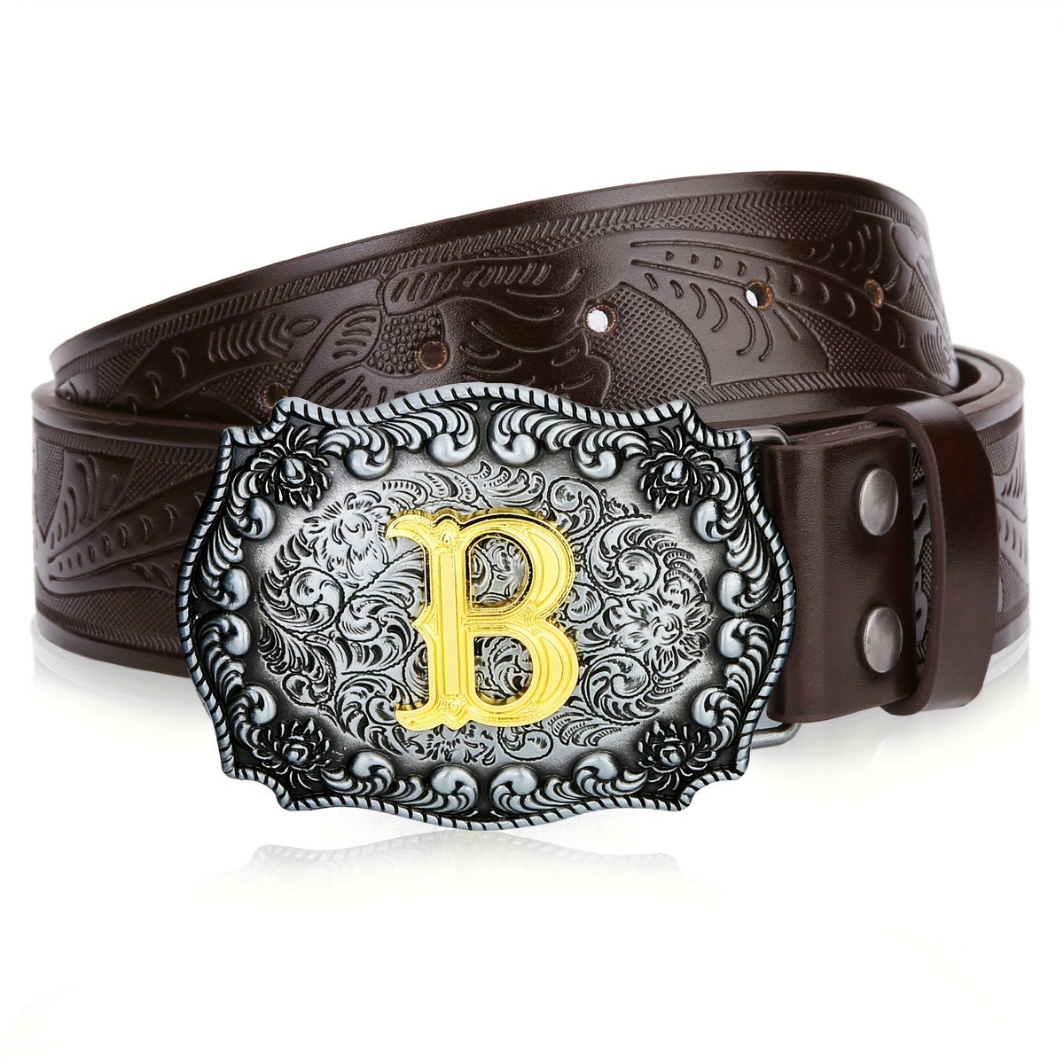 Men's Belt - Western for Embossed Floral Cowboy Longhorn Bull Pattern Big Letter Buckle - product detail view 32