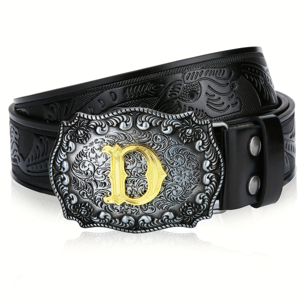 Men's Belt - Western for Embossed Floral Cowboy Longhorn Bull Pattern Big Letter Buckle - product detail view 34