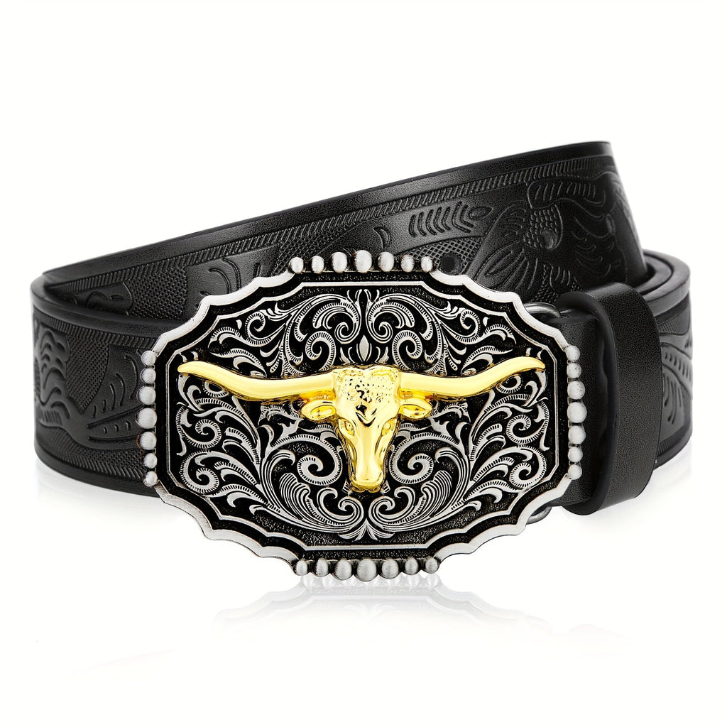 Men's Belt - Western for Embossed Floral Cowboy Longhorn Bull Pattern Big Letter Buckle - product detail view 40