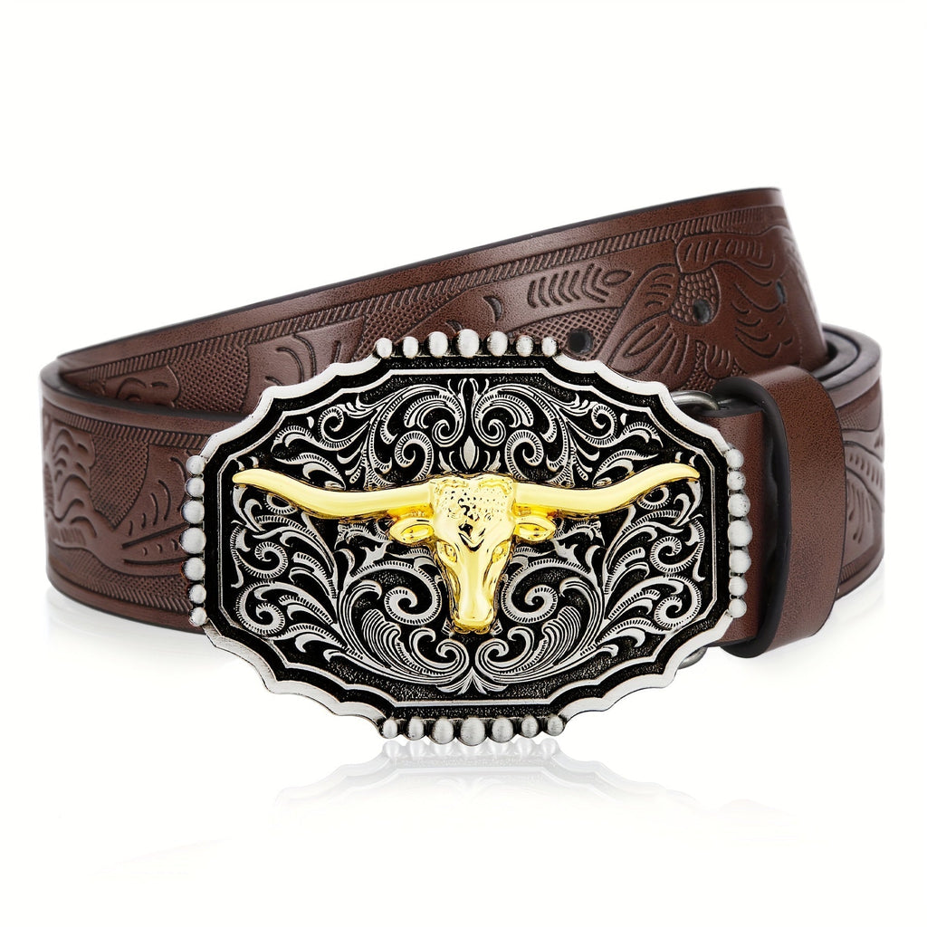 Men's Belt - Western for Embossed Floral Cowboy Longhorn Bull Pattern Big Letter Buckle - product detail view 42