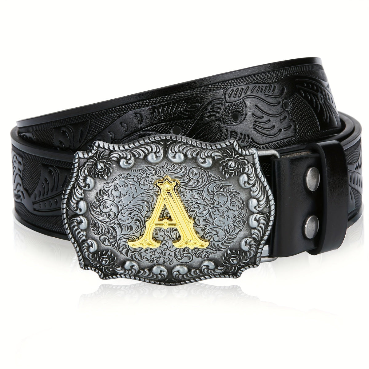 Men's Belt - Western for Embossed Floral Cowboy Longhorn Bull Pattern Big Letter Buckle - product detail view 49