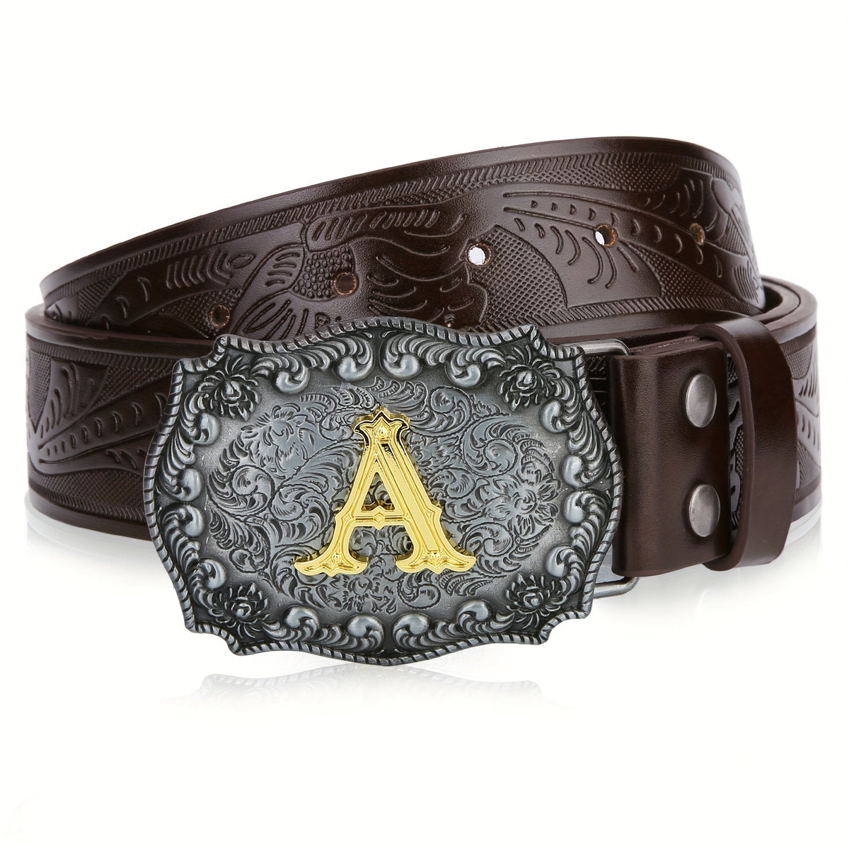 Men's Belt - Western for Embossed Floral Cowboy Longhorn Bull Pattern Big Letter Buckle - product detail view 56