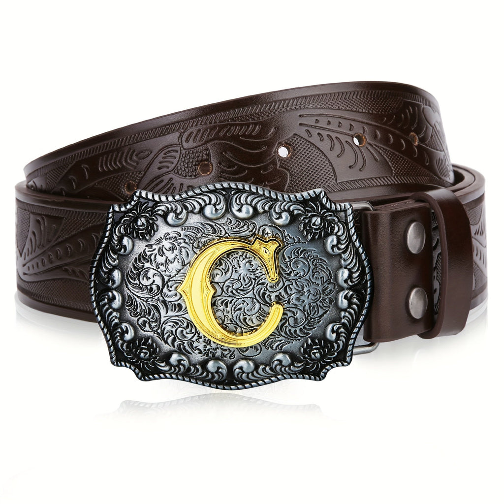 Men's Belt - Western for Embossed Floral Cowboy Longhorn Bull Pattern Big Letter Buckle - product detail view 63
