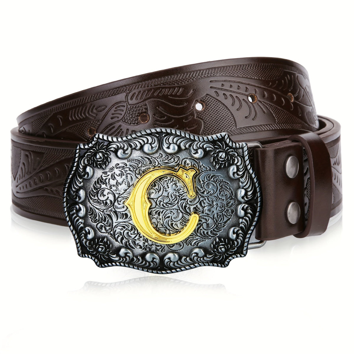 Men's Belt - Western for Embossed Floral Cowboy Longhorn Bull Pattern Big Letter Buckle - product detail view 63
