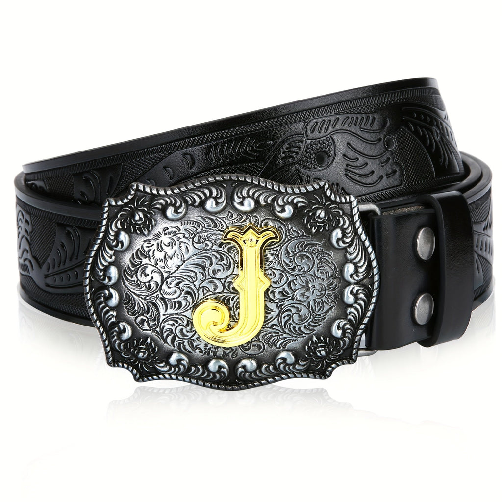 Men's Belt - Western for Embossed Floral Cowboy Longhorn Bull Pattern Big Letter Buckle - product detail view 67