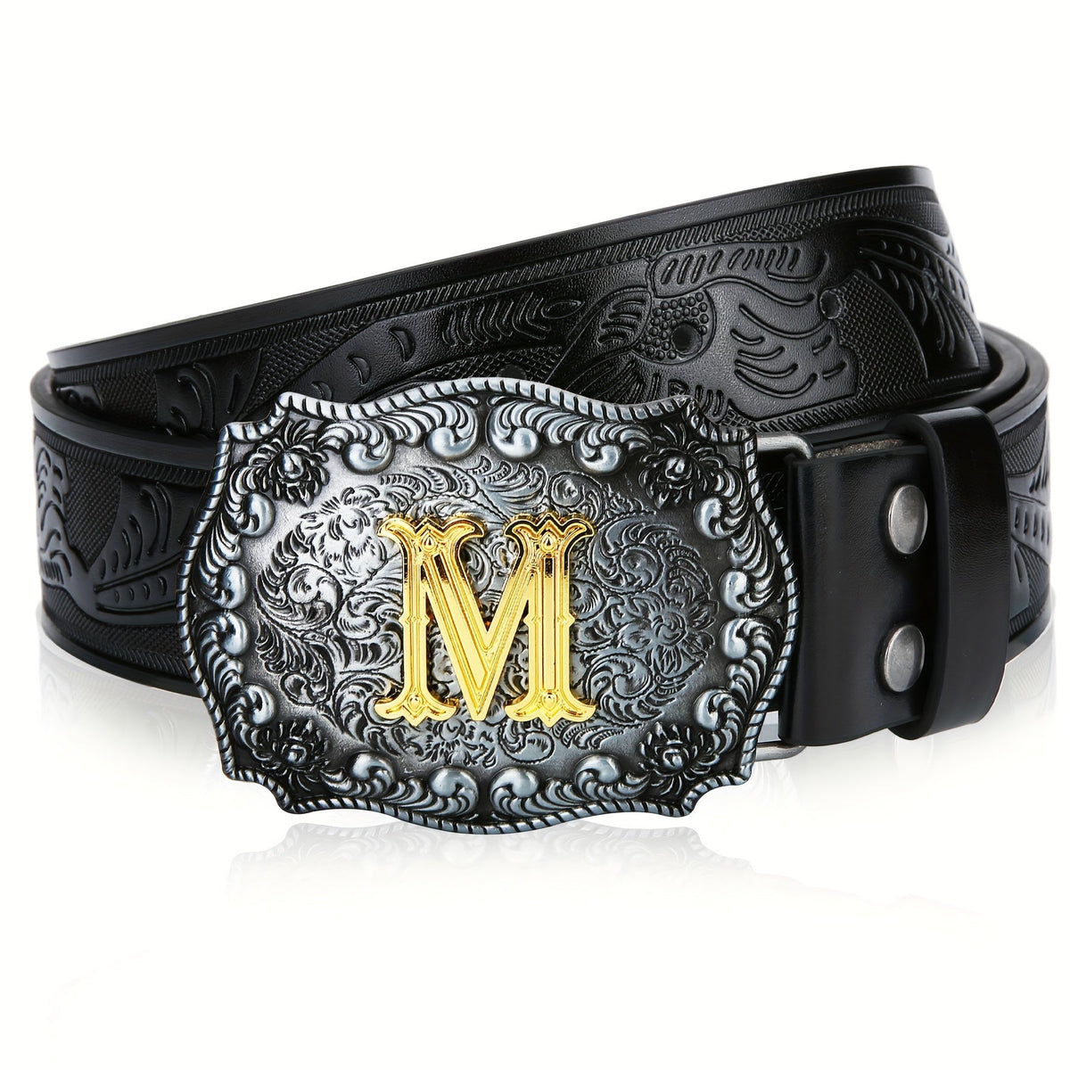 Men's Belt - Western for Embossed Floral Cowboy Longhorn Bull Pattern Big Letter Buckle - product detail view 73