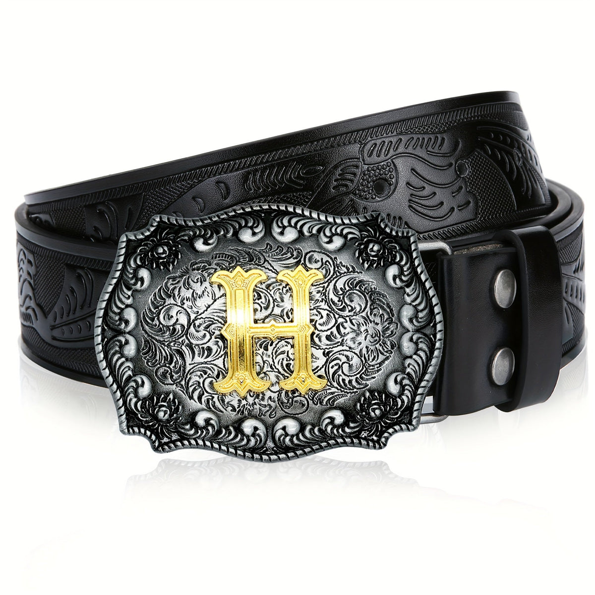 Men's Belt - Western for Embossed Floral Cowboy Longhorn Bull Pattern Big Letter Buckle - product detail view 77