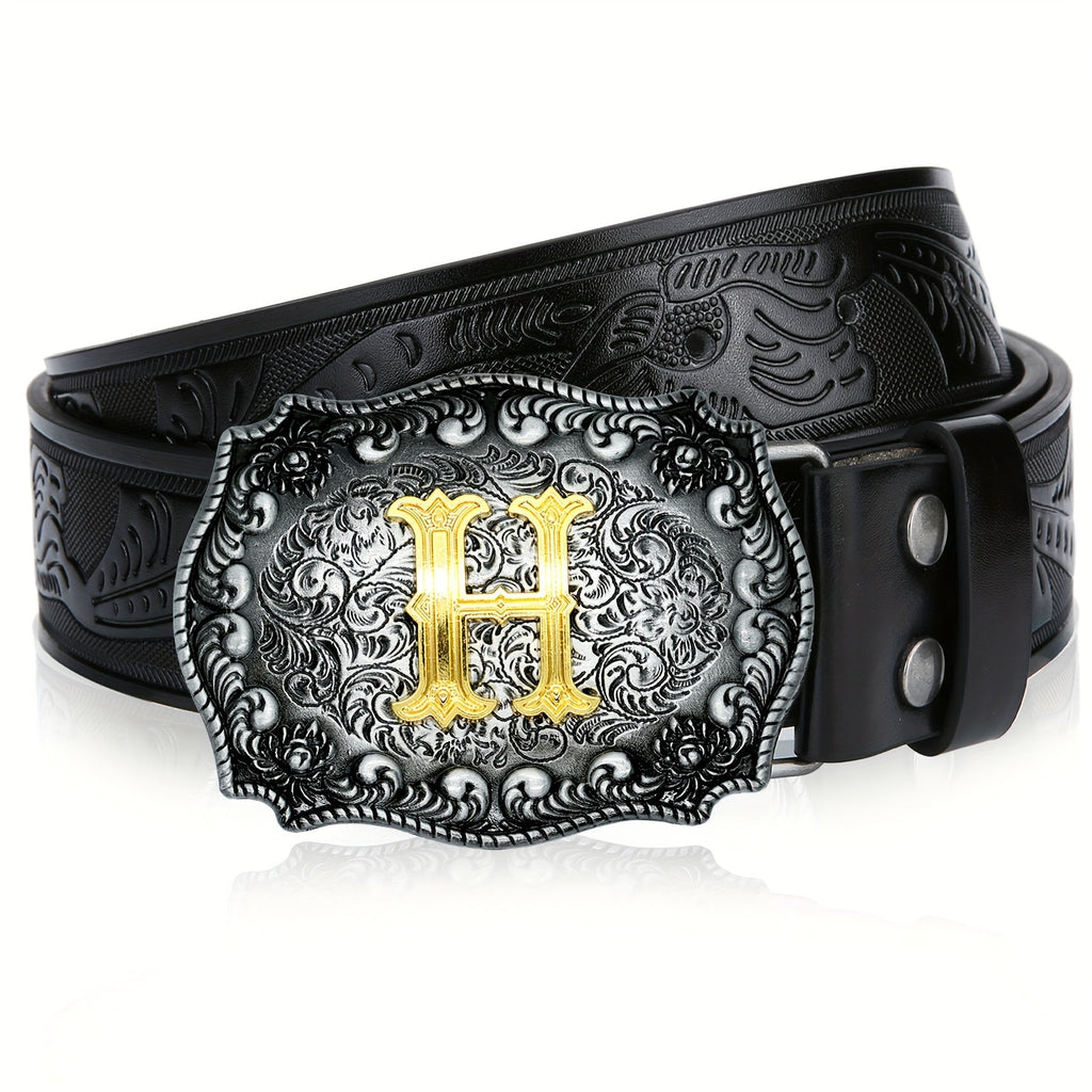 Men's Belt - Western for Embossed Floral Cowboy Longhorn Bull Pattern Big Letter Buckle - product detail view 78