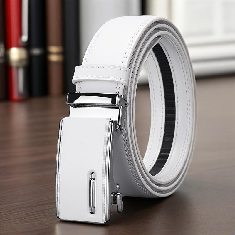 Belt Men’s White Faux Leather Automatic Ratchet, 120cm Length with Minimalist No-Hole Slide Buckle