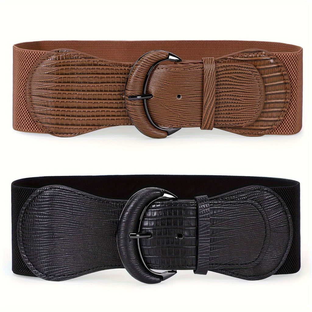 Belt Women’s 2-Piece Wide Elastic Waist Set with Alloy Pin Buckles and Two Color Combinations