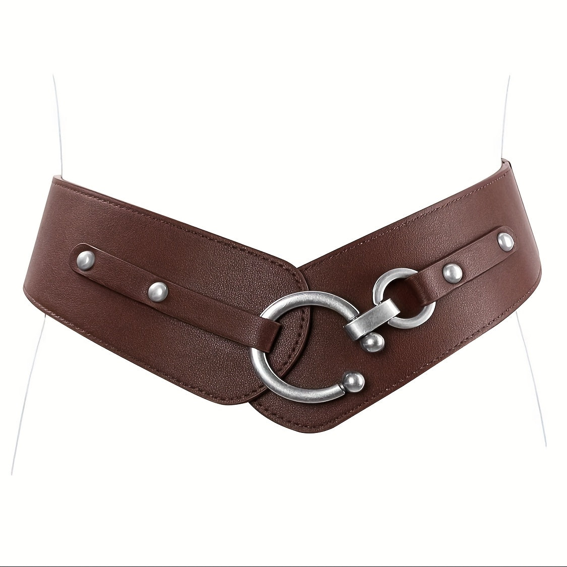 Wide Elastic Women's Waist Belt with Interlocking Circle Buckle in Black or Two Brown Shades, Sizes S-5XL