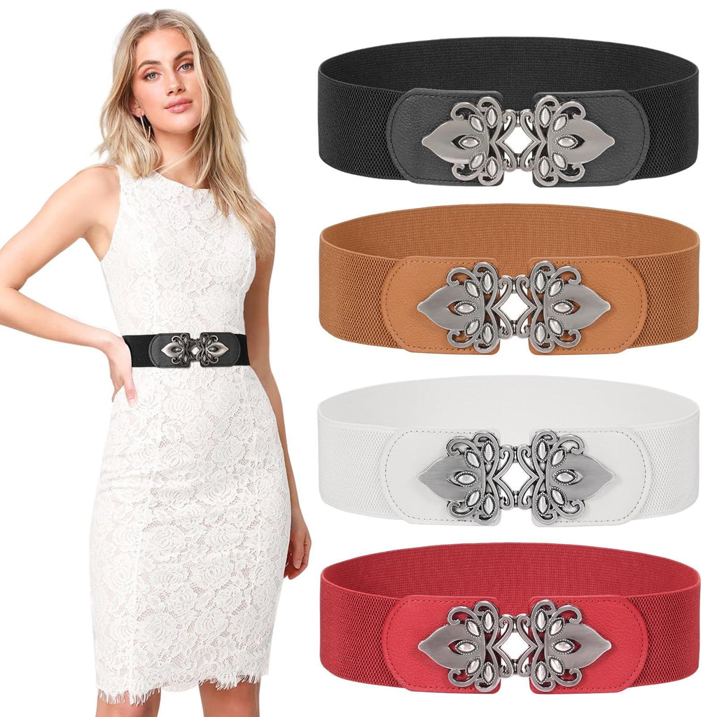 Four-Piece Elastic Women's Cinch Belt Set with Ornate Interlocking Buckles in Three Styles and Sizes